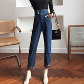 Blugi moderni de dama cu talie inalta in albastru si negru