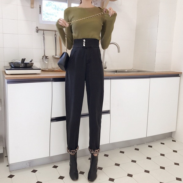 Blugi moderni de dama cu talie inalta in albastru si negru