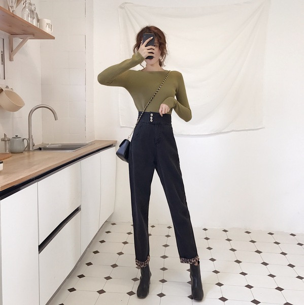 Blugi moderni de dama cu talie inalta in albastru si negru