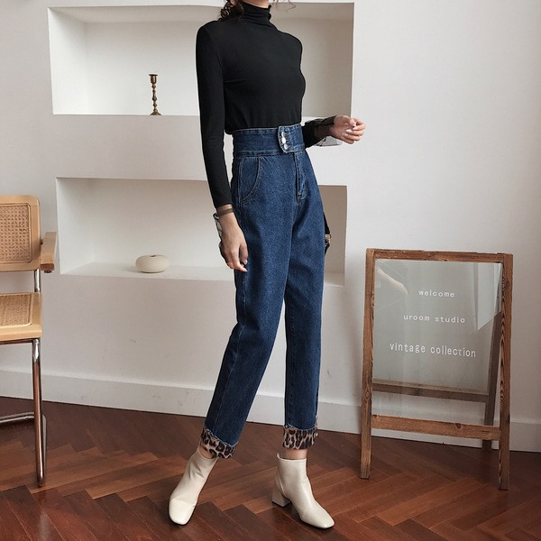 Blugi moderni de dama cu talie inalta in albastru si negru