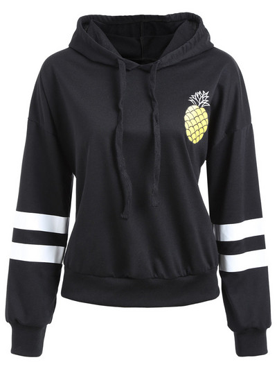 Női pulóver kapucnival és rátéttel fekete színben