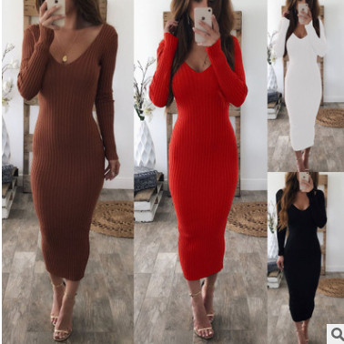 Φόρεμα γυναικείο φθινόπωρο-χειμώνα με ντεκολτέ σε σχήμα V σε διάφορα χρώματα