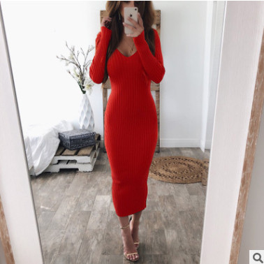 Φόρεμα γυναικείο φθινόπωρο-χειμώνα με ντεκολτέ σε σχήμα V σε διάφορα χρώματα