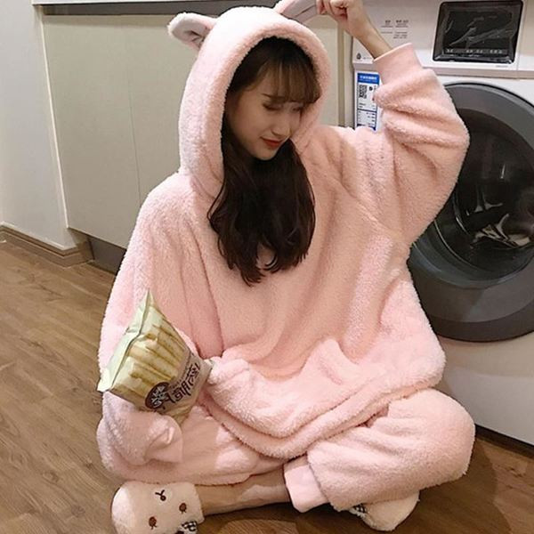 Pijamale de iarnă de pluș de damă cu element 3D în două părți în alb și roz