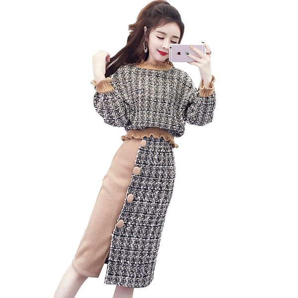 Modern női szett két részből - pulóver és szoknya bézs és kék színben