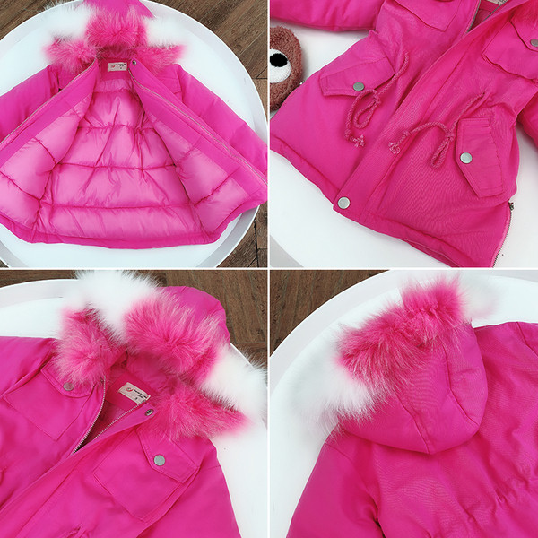 Stílusos gyerek rózsaszín kabát lányoknak, pehely kapucnival