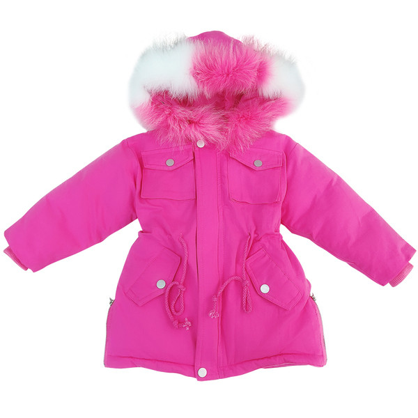 Stílusos gyerek rózsaszín kabát lányoknak, pehely kapucnival