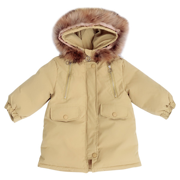 Μοντέρνο παιδικό μπουφάν με επιγραφές στο πίσω μέρος και χνουδωτή κουκούλα