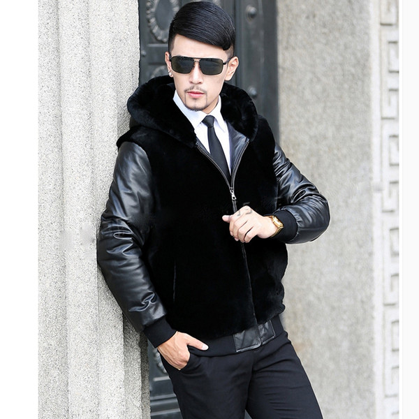 Меко мъжко яке с кожени ръкави и качулка в черен цвят