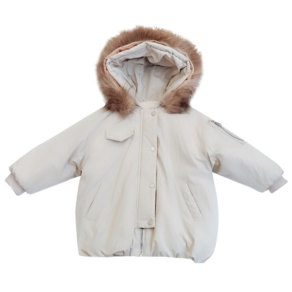 Alkalmi gyerekkabát két színben, pehely kapucnival