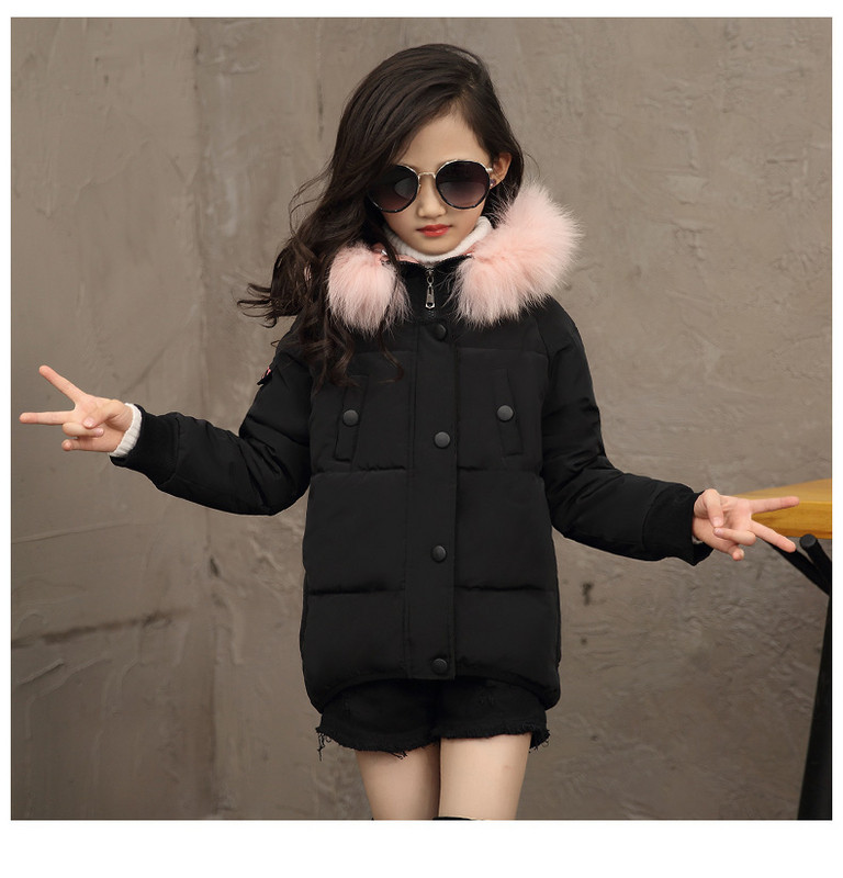 Jachetă modernă pentru copii pentru fete cu puf în negru