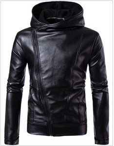 Geaca barbati moderna cu gluga din imitatie de piele, model simplu