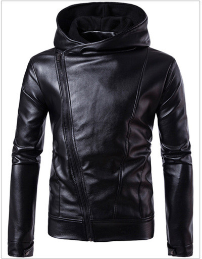 Geaca barbati moderna cu gluga din imitatie de piele, model simplu