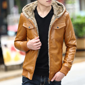 Öko bőrből készült férfi alkalmi kabát puha béléssel és kapucnival, három színben