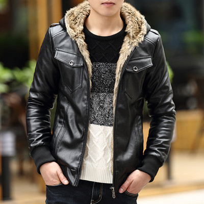 Öko bőrből készült férfi alkalmi kabát puha béléssel és kapucnival, három színben