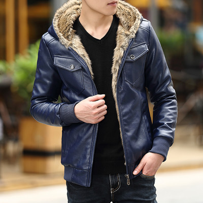 Öko bőrből készült férfi alkalmi kabát puha béléssel és kapucnival, három színben