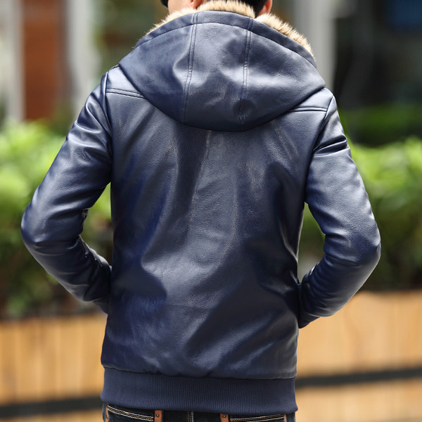 Öko bőrből készült férfi alkalmi kabát puha béléssel és kapucnival, három színben