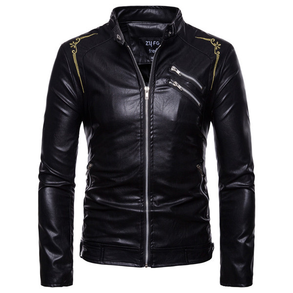 Мъжко модерно кожено яке с флорални мотиви в черен цвят