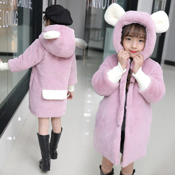 Bolyhos gyerekkabát lányoknak fehér és rózsaszín színben