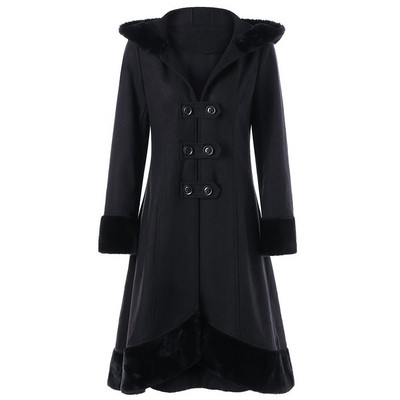 Дамско стилно палто с качулка и връзки на гърба в черен цвят