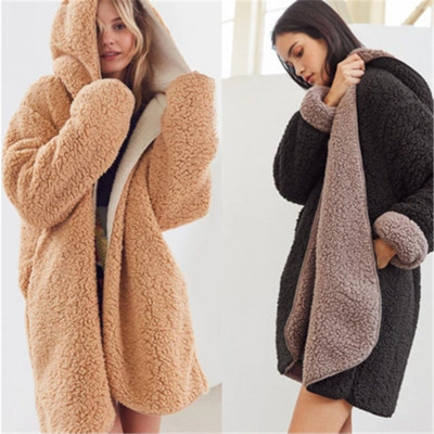 Women`s plush coat long model with a hood in two colors