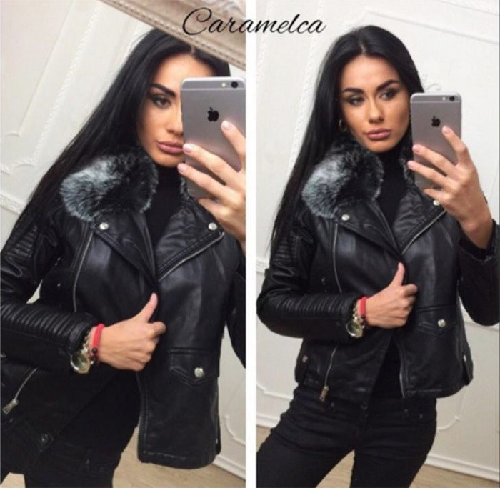 Модерно дамско яке от еко кожа с пухена яка в черен и кафяв цвят