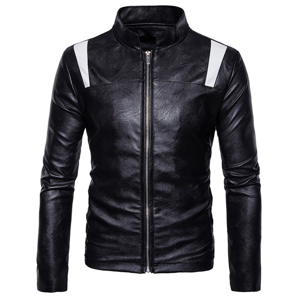Модерно мъжко кожено яке в три цвята с цветни ленти