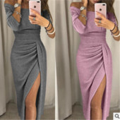 Rochie elegantă de damă, cu mâneci căzute și cu fantă în trei culori