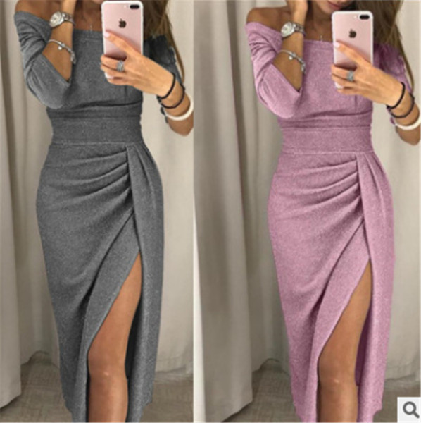 Rochie elegantă de damă, cu mâneci căzute și cu fantă în trei culori