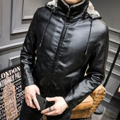 Öko bőrből készült téli férfi kabát puha béléssel és kapucnival