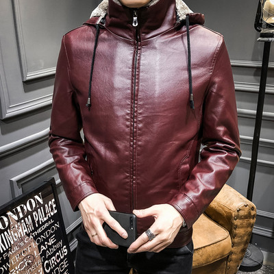 Öko bőrből készült téli férfi kabát puha béléssel és kapucnival