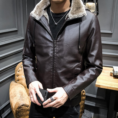 Öko bőrből készült téli férfi kabát puha béléssel és kapucnival