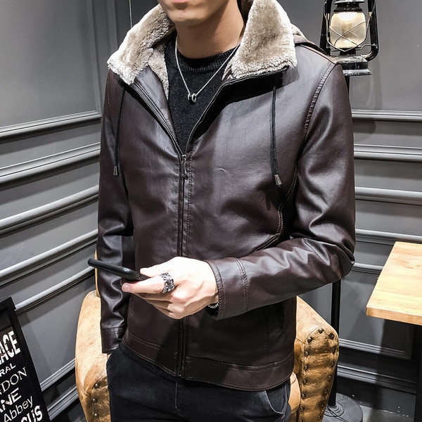 Öko bőrből készült téli férfi kabát puha béléssel és kapucnival