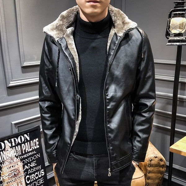 Öko bőrből készült téli férfi kabát puha béléssel és kapucnival