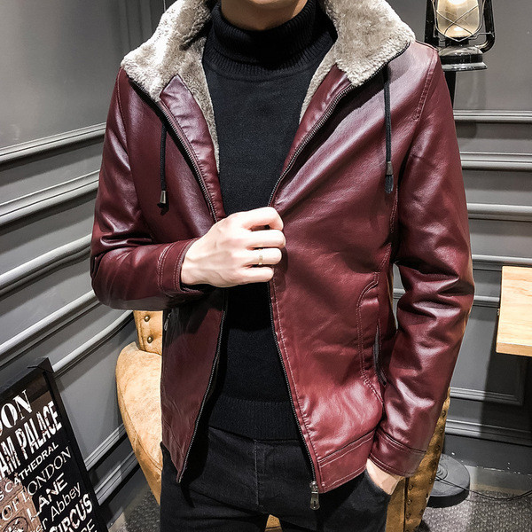 Öko bőrből készült téli férfi kabát puha béléssel és kapucnival