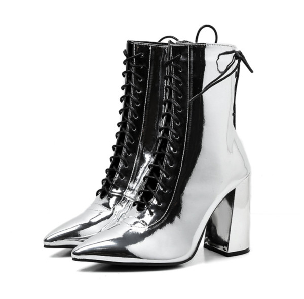 Cizme unice de dama cu grosimea de 10 cm in argintiu si negru