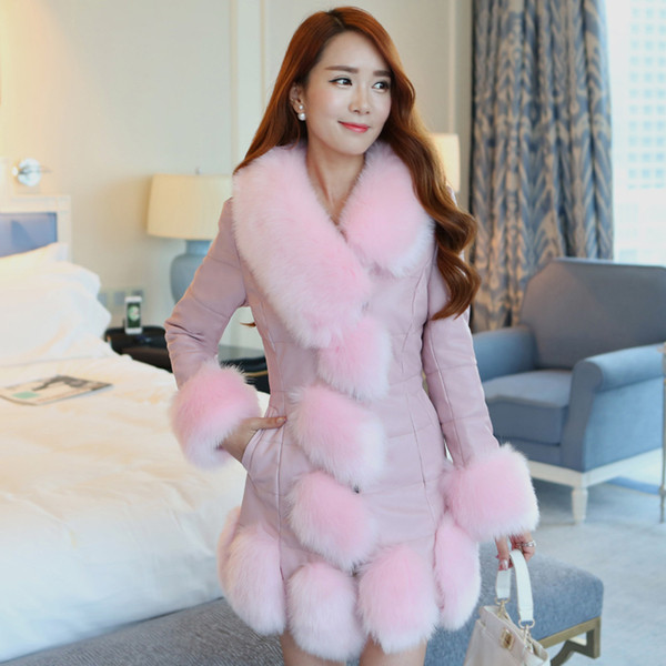 Palton de dama modern din piele ecologica si puf cu guler in forma de V in mai multe culori