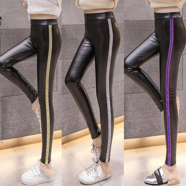 Öko bőrből készült női leggings puha béléssel és fényes szegéllyel három színben