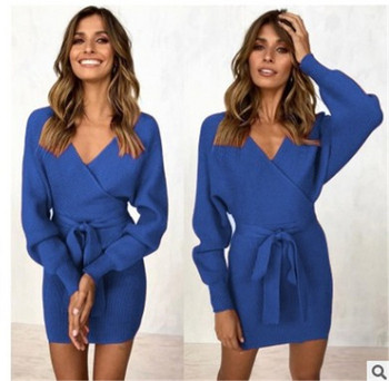 Rochie de dama de iarna cu cravate si spate deschis in mai multe culori