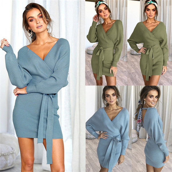 Rochie de dama de iarna cu cravate si spate deschis in mai multe culori