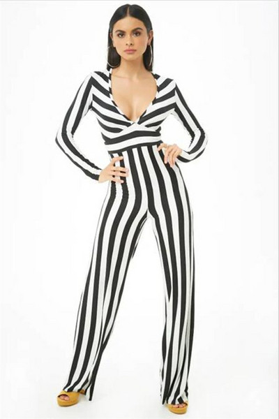 Stílusos női csíkos overall V-nyakkal - széles modell
