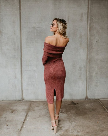 Χειμερινό φόρεμα γυναικών με χαραγμένα μανίκια και σχισμή σε δύο χρώματα