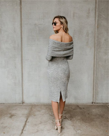 Χειμερινό φόρεμα γυναικών με χαραγμένα μανίκια και σχισμή σε δύο χρώματα