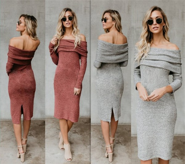 Χειμερινό φόρεμα γυναικών με χαραγμένα μανίκια και σχισμή σε δύο χρώματα