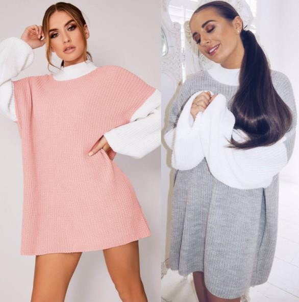 Őszi-téli női pulóver hosszú modell rózsaszín és szürke színben