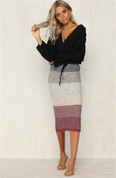 Fusta de dama moderna in dungi cu talie inalta