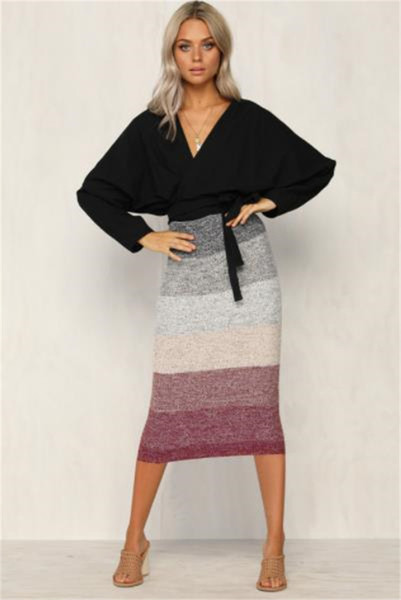 Fusta de dama moderna in dungi cu talie inalta