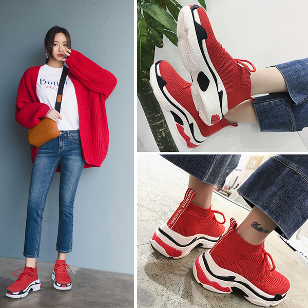 Női alkalmi, légáteresztő tornacipő fekete és piros színben