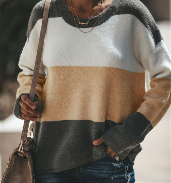 Pulover de damă modern cu dungi cu decolteu în trei culori