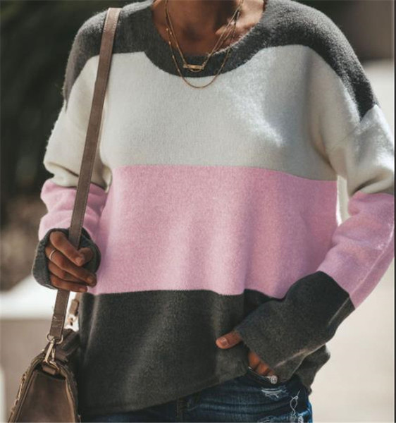 Pulover de damă modern cu dungi cu decolteu în trei culori